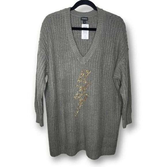 NWT Torrid Size 1X Gray Lightning Bolt Slouchy Tunic Chunky Knit Sweater $76 - Picture 2 of 12